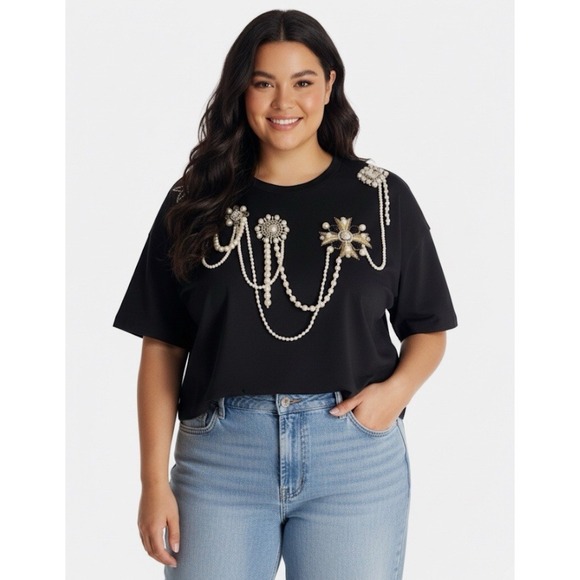 NWT! Balmain Bejeweled Cropped Cotton T Shirt Tee Sz 18 2XL Slim Fit Sz Down Lux
